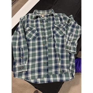 Duluth Trading Co Womens Plaid Flannel Shirt Blue/Green LS Button Down Size LG